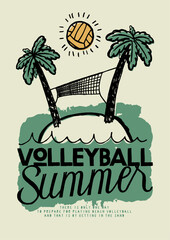 Volleyball summer. Tiny tropical island with net between the palm-trees and volleyball shining in the sky.