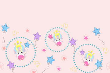 Unicorn seamless pattern background template. Print template with rainbow, star, moon. Princess unicorn with crown. Copy space.