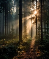 Morning in the forest, The sunbeams shining through the trees The dappled light on the forest path The lush greenery of the forest The sense of peace and tranquility, Vibrant, Calming, Meditative, AI 