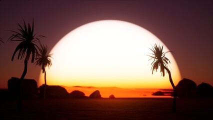 Fototapeta na wymiar illustration of sun over ocean horizon with palm trees. Big orange sunrise down with waves sea holiday summer background in retro beautiful style