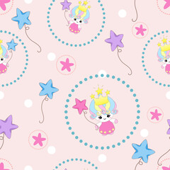 Unicorn seamless pattern background. Print template with rainbow, star, moon. Princess unicorn with crown .