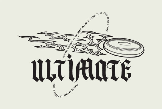Ultimate disc flying. 90s style ultimate vintage typography silkscreen t-shirt print vector illustration.