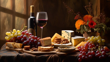 Obraz na płótnie Canvas Arrangement featuring wine glasses, cheese, and grapes