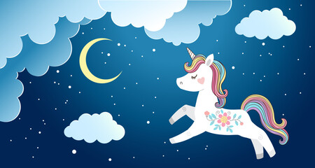 Obraz na płótnie Canvas Cute unicorn jumps on fluffy clouds in the night sky