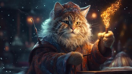 cat wizard casting spell illustration.Generative AI