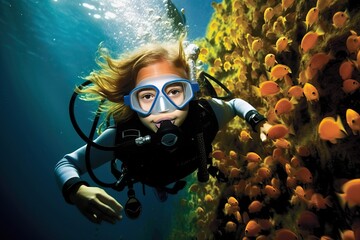 Naklejka na ściany i meble Generative AI Scuba Diver swims over Coral Reef with Tropical Fish