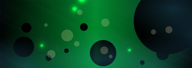 Dark green wide abstract background with circles and highlights. Vector abstract space concept banner.