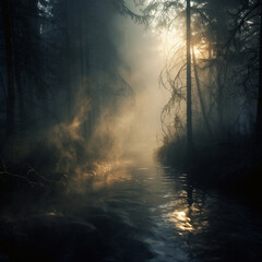 A river in a misty mysterious forest. High quality illustration
