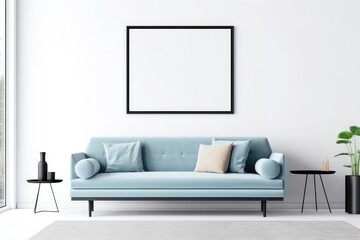 big frame for mockup with blue sofa and white AI Generated