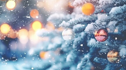 Obraz na płótnie Canvas Christmas winter blurred background. Xmas tree with snow decorated, holiday festive background. New year Winter design. generative ai