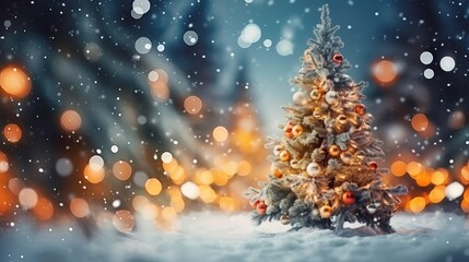 Fototapeta na wymiar Christmas winter blurred background. Xmas tree with snow decorated, holiday festive background. New year Winter design. generative ai