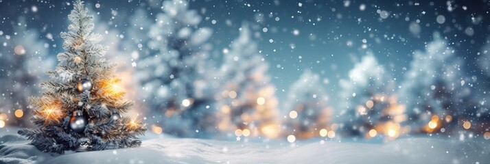 Fototapeta na wymiar Christmas winter blurred background. Xmas tree with snow decorated, holiday festive background. New year Winter design. generative ai