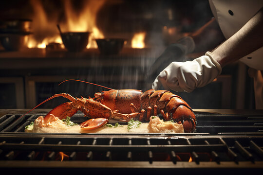 Chef cooking lobster in restaurant kitchen, closeup. Restaurant menu concept. Generative AI