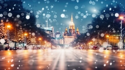Obraz na płótnie Canvas city street Christmas winter blurred background. Xmas tree with snow decorated with garland lights, holiday festive background. Widescreen backdrop. New year Winter. generative ai