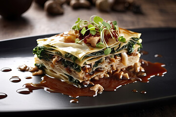 Delicious lasagna with mushrooms and spinach on plate, closeup. Generative Ai - obrazy, fototapety, plakaty