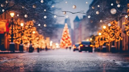 city street Christmas winter blurred background. Xmas tree with snow decorated with garland lights, holiday festive background. Widescreen backdrop. New year Winter. generative ai