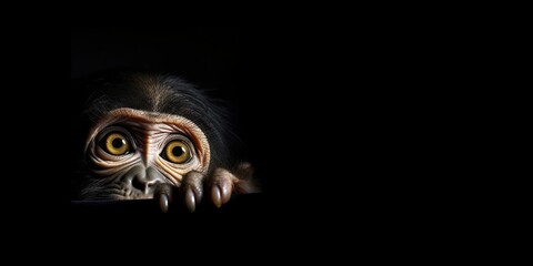 Fototapeta premium Mischievous monkey peeks around a corner with copy space on plain black background, concept of Primate behavior, created with Generative AI technology