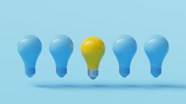 Glowing yellow Light Bulb between the others on light blue background. Leadership, innovation, great idea and individuality concepts. 4K 3D loop animation