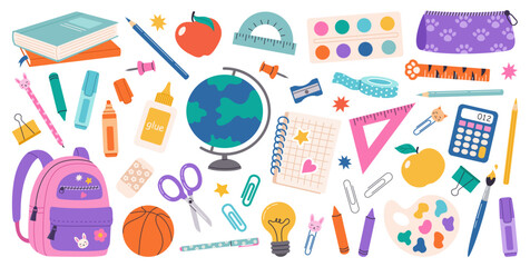 Set of school supplies. Back to school.  Vector hand draw illustration in a flat cartoon style. Various accessories for study, student equipment. Cute school modern stickers.