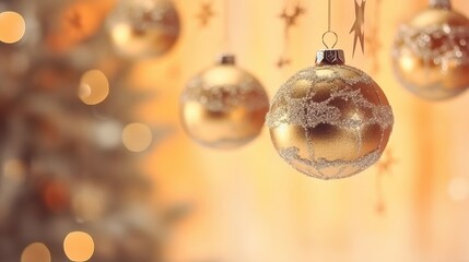 Obraz na płótnie Canvas Christmas background. Hanging decorative baubles ball holiday design elements. Festive background with christmas ornament decoration, Copy space. banner and poster. generative ai