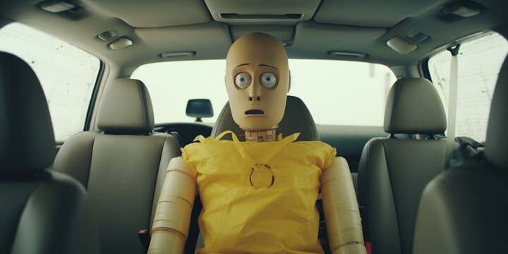 Scared crash test dummy inside car, concept of Safety engineering, created with Generative AI technology