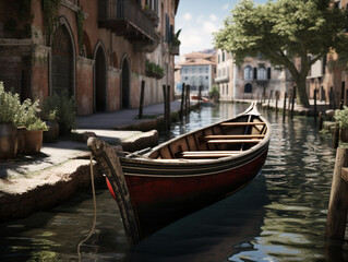 Fototapeta na wymiar Barque attachée au dock d'une ville d'Italie romantique par une belle journée d'été