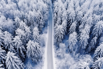 Road way in winter forest, top view