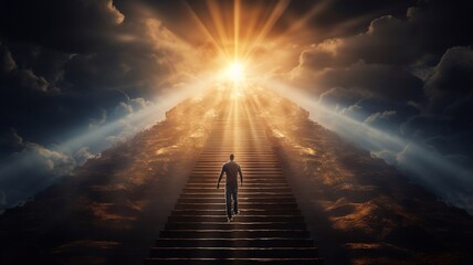 Stairs to heaven heading up to skies, bright light from heaven door, Concept art, Epic light,Background illustration of stairs on the way to heaven,The way to success concept Generative AI - obrazy, fototapety, plakaty