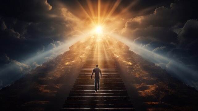Stairs to heaven heading up to skies, bright light from heaven door, Concept art, Epic light,Background illustration of stairs on the way to heaven,The way to success concept Generative AI