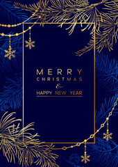 Christmas Poster with golden pine branches on dark blue background. New year illustration. - 618208814