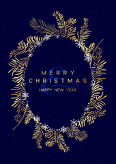 Christmas Poster with golden pine branches on dark blue background. New year illustration. - 618208879