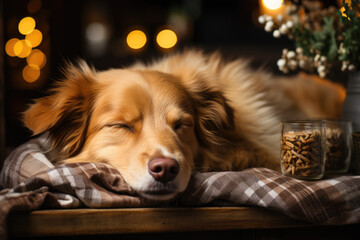Cozy dog sleeping and resting on the warm blanket at home during Christmas holidays.