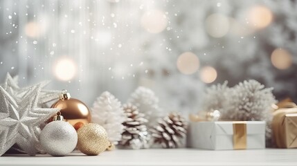 Fototapeta na wymiar Christmas background with decorative holiday design elements. Festive background with christmas ornament decoration, Copy space. Banner and poster. generative ai