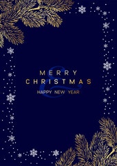 Christmas Poster with golden pine branches on dark blue background. New year illustration. - 618209049