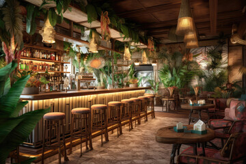 Fototapeta na wymiar Coastalinspired Bar With Tropical Tiki Theme And Beachy Cocktails Coastal Interior Design. Generative AI