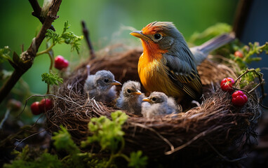 mamma pettirosso che cinguetta con i suoi cuccioli nel loro nido, illustrazione con sfondo verde e tramonto, colori caldi, uccello e cuccioli, amore di una madre