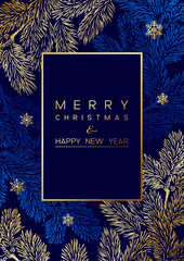 Christmas Poster with golden pine branches on dark blue background. New year illustration. - 618209253
