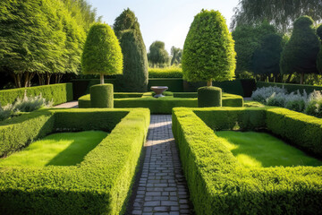 Modern, Geometric Lawn With Neatly Trimmed Hedges And Topiaries. Generative AI
