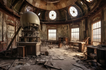 Fototapeta na wymiar Neglected, Derelict Observatory With Shattered Telescopes And Faded Maps. Generative AI
