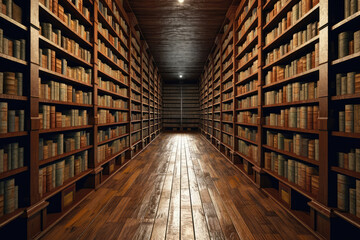 Obraz premium Row Of Bookshelves Filled With Books, Gradually Diminishing In Size, Illustrating Linear Perspective. Generative AI