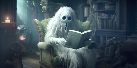 Old ghost monster reading book in chair, concept of Paranormal entity, created with Generative AI technology