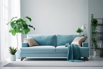 Fototapeta na wymiar blue sofa and white wall in modern living room AI Generated