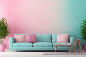 Minimalist interior in a painted wall, soft sofa. Light blue pink gradient pastel colors. Cute cozy interior composition. Generative AI photo.