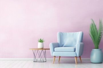 Minimalist interior in a painted wall, soft armchair. Light blue pink pastel colors. Cute cozy interior composition. Generative AI photo.