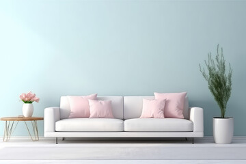 Minimalist interior in a painted wall, soft sofa. Light blue, pink, white pastel colors. Cute cozy interior composition. Generative AI photo.