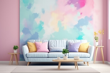 Minimalist interior in a painted wall, soft sofa. Light pastel colors. Cute cozy interior composition. Generative AI photo.