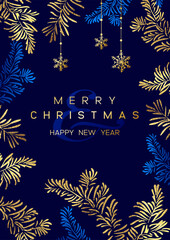 Christmas Poster with golden pine branches on dark blue background. New year illustration. - 618209680