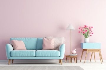 Minimalist interior in a painted wall, soft sofa. Light blue, pink pastel colors. Cute cozy interior composition. Generative AI photo.