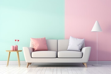 Minimalist interior in a painted wall, soft sofa. Light blue, mint, pink pastel colors. Cute cozy interior composition. Generative AI photo.