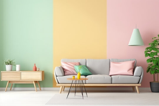Minimalist interior in a painted wall, soft sofa. Light green, orange, pink pastel colors. Cute cozy interior composition. Generative AI photo.